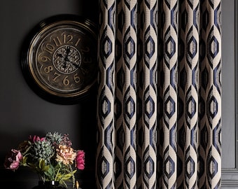 Luxury Navy Blue Geometric Curtains for Living Room, Custom Size Textured Curtains Panel, 6 Color Options