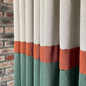 Green White Terracotta Boho Linen Curtains, Luxury Color Block Curtains, Multicolor Custom Size Drapes, Curtains for Living Room & Bedrooms