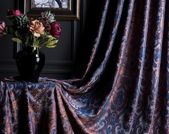 Victorian Navy Blue Damask Curtains, Custom Size Luxury Curtains for Living Room, Dark Academia Gothic Drapes