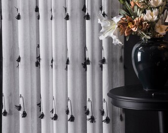 Tende trasparenti con frange bianche e blu, tende di lusso in tulle con nappe per soggiorno e camera da letto, tende trasparenti personalizzate, nero, beige, crema