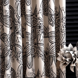 Luxury Black Floral Embroidered Linen Curtains, Luxury Custom Curtains Panel, Black White Blue Linen Curtains for Living Room & Bedroom
