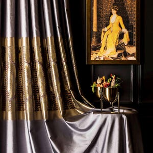 Gold Black Luxury Linen Curtains, Damask Striped Embroidered Curtains, Silver Custom Size Drapes, Curtains for Living Room & Bedrooms
