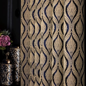 Marineblauw goud zwart gestreepte gordijnen voor woonkamer, luxe gordijnenpaneel, geborduurde linnen gordijnenstof, aangepast formaat gordijnen
