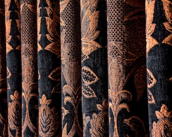 Victorian Black Copper Damask Curtains, Baroque Luxury Chenille, Custom Classic Window Panel. Rod Pocket, Grommet, Back Tabs