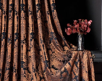 Damask Black Copper Luxury Curtains, Victorian Floral Embroidered Curtains, Custom Size Vintage Drapes, Window Treatments for Living Room