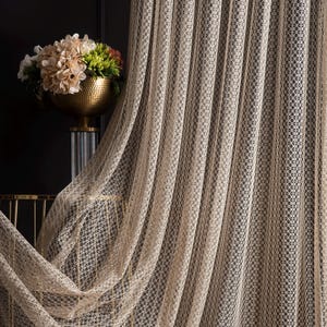 Lace Embroidered Sheer Curtains, Linen Net Fabric, Custom Size Drapes for Living Room & Bedrooms, Crochet Design