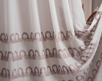Tende trasparenti in lino con frange: tende a rete bianche, crema e beige, tende trasparenti ricamate vintage, decorazioni per finestre per soggiorno e camera da letto