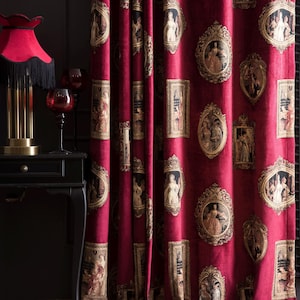 Luxury Burgundy Red Chenille Curtains, Custom Vintage Curtains, Navy Blue Red Black Curtains for Living Room & Bedroom, Patterned Drapes
