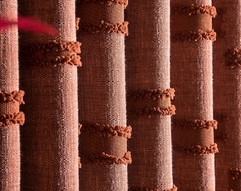 Bohemian Terracotta Linen Curtains, Embroidered Tassel Drapes, Farmhouse Boho Style