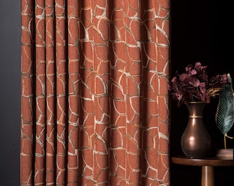 Terracotta Gold Embroidered Linen Curtains, Striped Burnt Orange Curtains Panel, Patterned Custom Drapes, Bohemian Curtains for Living Room