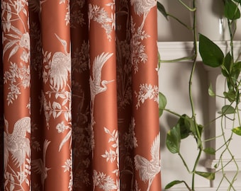 Terracotta Embroidered Crane Bird Curtains, Custom Size Curtains 6 Color for Living Room & Bedroom, Luxury Burnt Orange Curtains