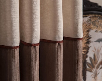 Boho Brown Off-White Linen Curtains, Earth Tone Color Block Drapes for Living Room & Bedroom, Luxury Tasseled Custom Size Panel, Fall Decor