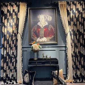 Luxe zwarte Victoriaanse chenillegordijnen, op maat gemaakte vintage gordijnen, marineblauw rood zwarte gordijnen voor woonkamer en slaapkamers, gordijnen met patroon