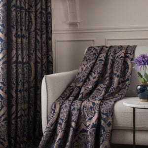 Luxury Curtains for Living Room & Bedrooms: Navy Blue, Bronze Damask Drapes, Custom Size Drapery