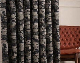 Luxury Black Gray Satin Curtains, Textured Pattern Drapes for Living Room & Bedroom, Embroidered Custom Black Curtains, Window Treatments