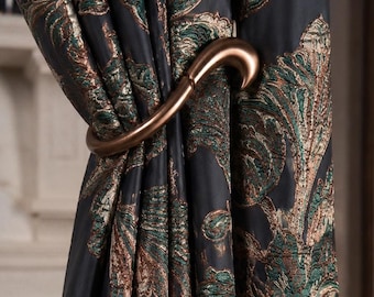 Black Emerald Green Floral Damask Curtains, Vintage Botanical Embroidered Panels