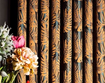 Leaf Embroidered Linen Curtains, Retro Floral Patterned Drapes, Custom Size, Burnt Orange Black Curtains