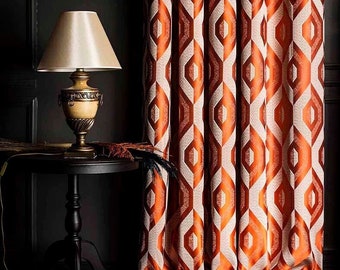 Cortinas de chenille geométricas laranja e brancas: cortinas luxuosas em azul marinho, branco e prata, cortinas personalizadas para sala de estar e quarto, decoração de Halloween