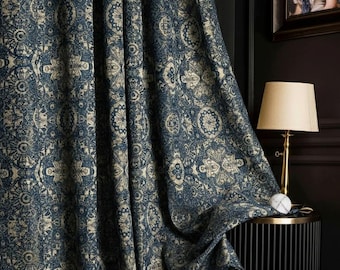 Luxury Damask Linen Curtains Panel: Blue, Silver, and Black - Custom Size, Brocade Drapes