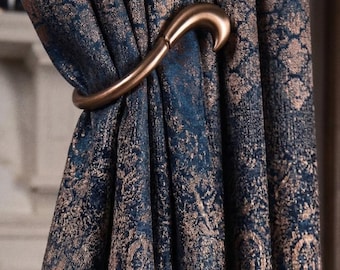 Baroque Navy Blue Gold Curtains Panel, Luxury Curtains for Living Room & Bedrooms