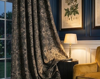 Luxury Black Gray Damask Curtains, Gothic Victorian Linen Curtains for Living Room & Bedrooms, Custom Size Dark Academia Drapes, Blue White