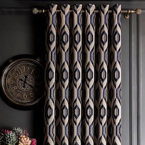 Luxe chenille-geometrische gordijnen voor woonkamer en slaapkamer, marineblauw zilveroranje gordijnen, op maat gemaakt gordijn met patroon, lipje aan de achterkant, staafzakje