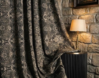 Black Gray Damask Luxury Curtains, Jacquard Patterned Window Fabric, Victorian Curtains for Living Room & Bedrooms, Brocade Dark Academia