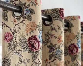 Luxury Floral French Country Embroidered Curtains, Vintage Kitchen & Farmhouse Drapes, Boho Custom Size Curtain, Beige Rose Red Print Fabric