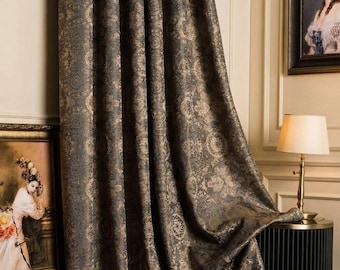 Luxury Brown Bronze Damask Curtains, Gothic Victorian Linen Curtains for Living Room & Bedrooms, Custom Size Dark Academia Drapes