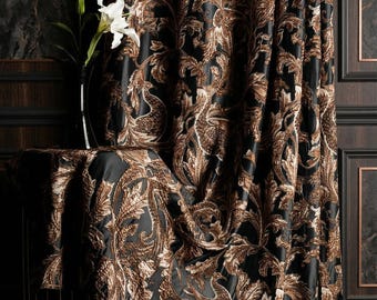 Luxury Black Damask Curtains, Brown Embroidered Floral Curtains, Vintage Curtain Panels, Elegant Living Room Curtains, Custom Size Drapes
