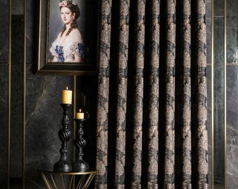 Black Bronze Luxury Damask Curtains, Vintage  Custom Size Curtain Panels for Living Room & Bedroom