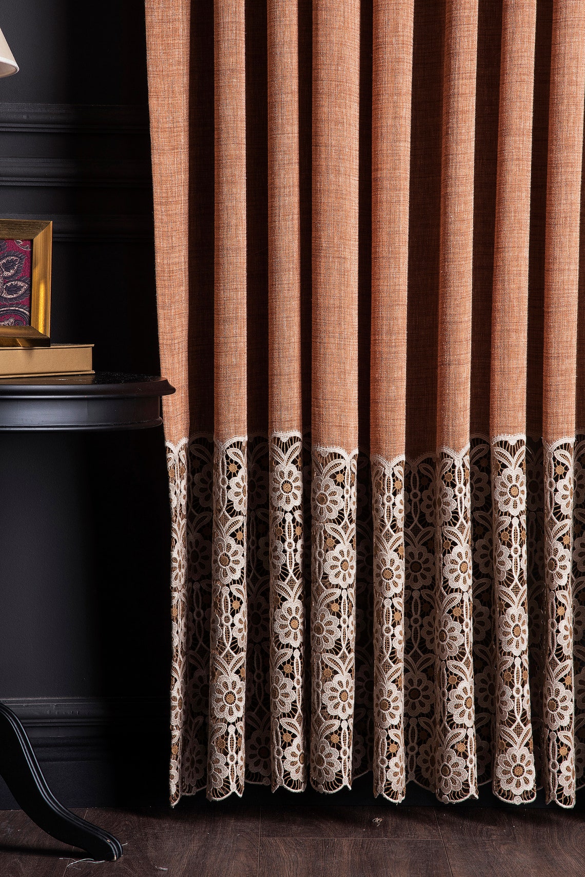 Lace Embroidered Orange Linen Curtain, Curtains for Living Rooms