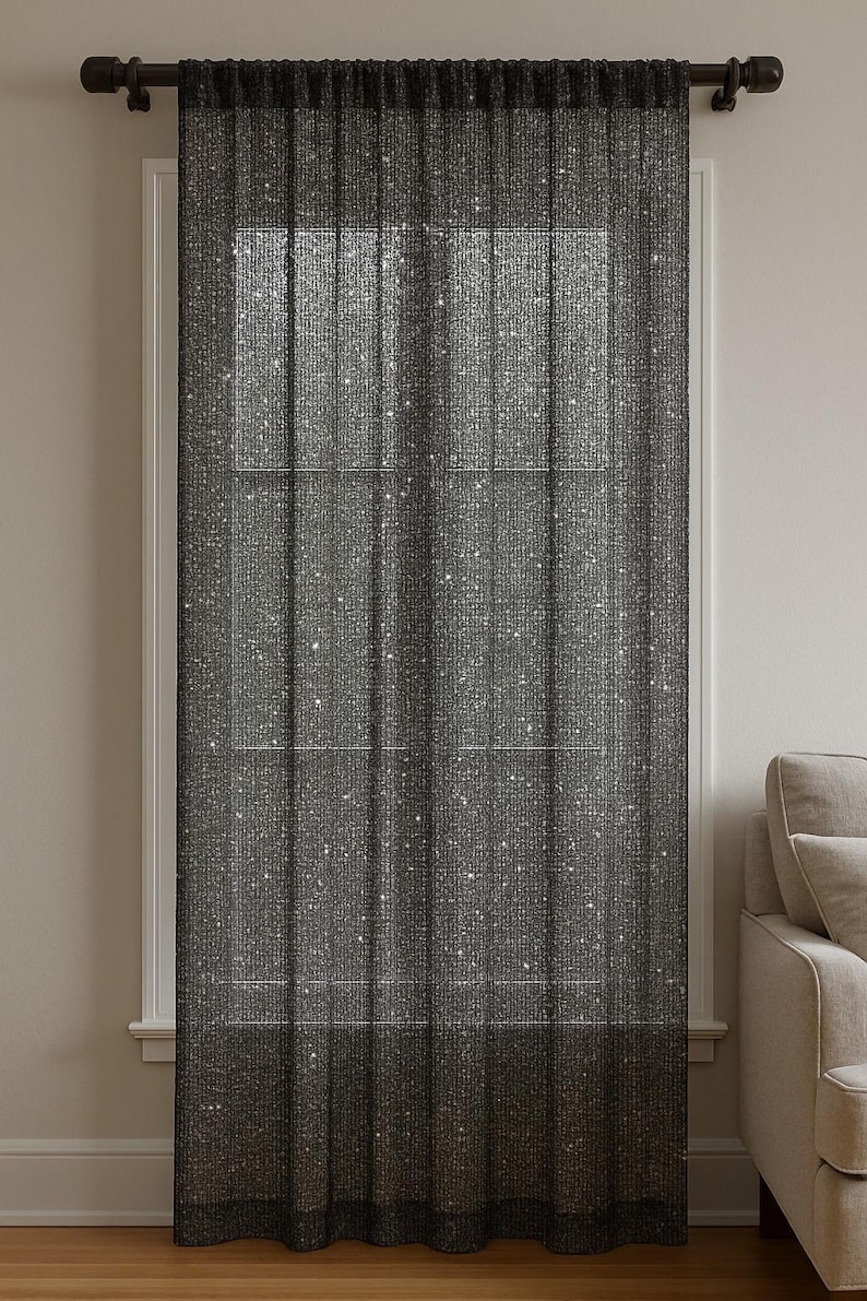 Black Net Sheer Curtain Panel for Living Room & Bedroom, Luxury Sparkle Mesh Tulle Fabric, Gold White Brown Stone Metallic Sheer Filet Net