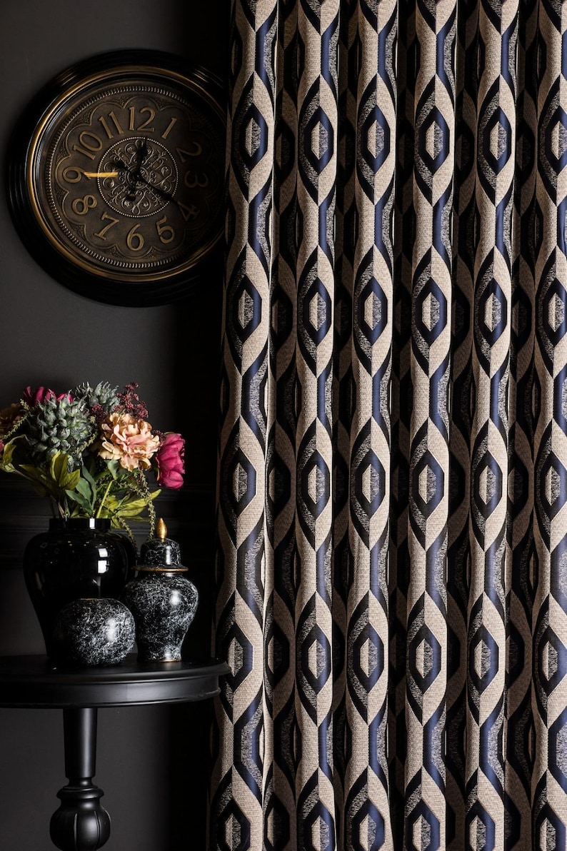 Navy Blue White Geometric Patterned Linen Curtains, Luxury Embroidered Custom Curtains for Living Room & Bedrooms, Rod Pocket, Eyelet