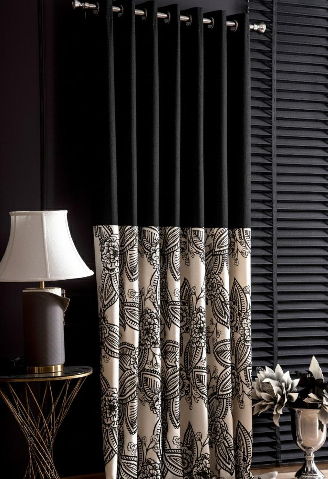 Two Tone Luxury Color Block Curtains, Lace Embroidered Curtains Panel ...