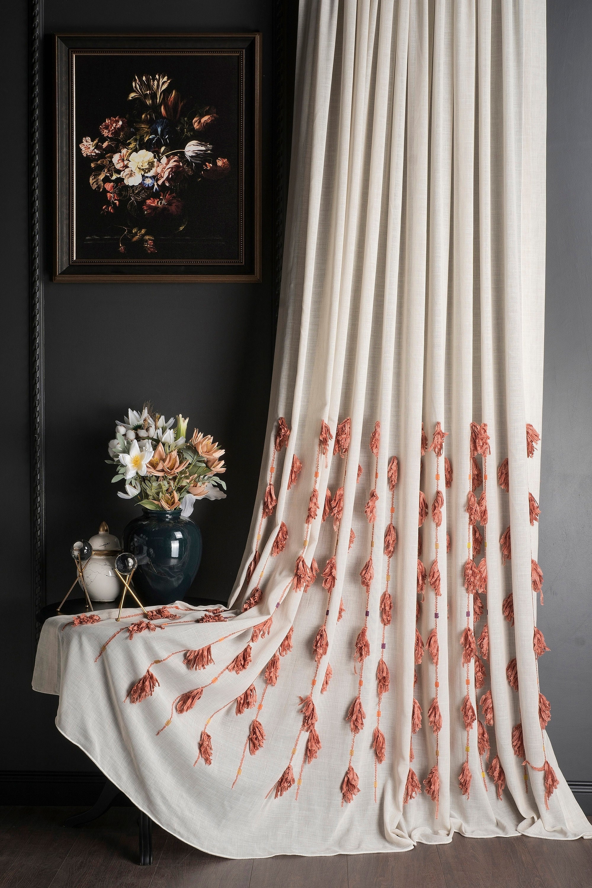 Luxury Orange Terracotta Semi Sheer Curtains, Tassel Curtains for Bedroom, Living Room & Kitchen, Custom Size Drapes, Mid Century Curtains