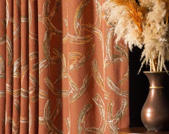 Tende in lino terracotta boho, tende moderne di metà secolo, tende personalizzate di lusso, tessuti per finestre antichi anni '70, soggiorno e camera da letto