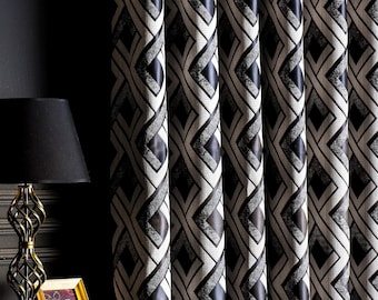 Striped Geometric Curtains Panel: 6 Color Options, Luxury Navy Blue Curtains for Livingroom, Custom Size Drapes