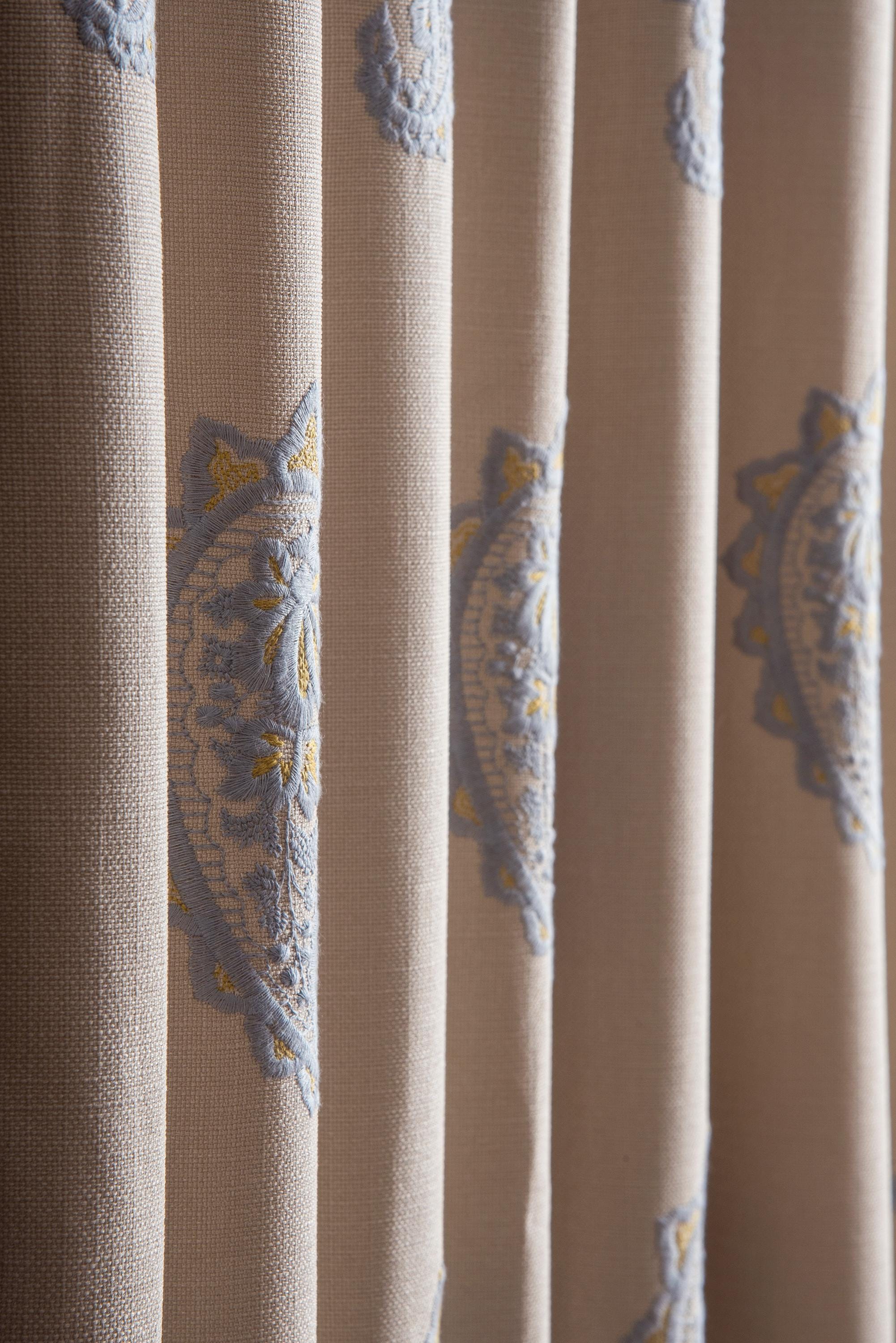 Cortinas bordadas de luxo com estampa paisley azul claro, cortinas de linho para sala de estar e quartos, cortinas de tamanho personalizado, cortinas francesas estilo cottage