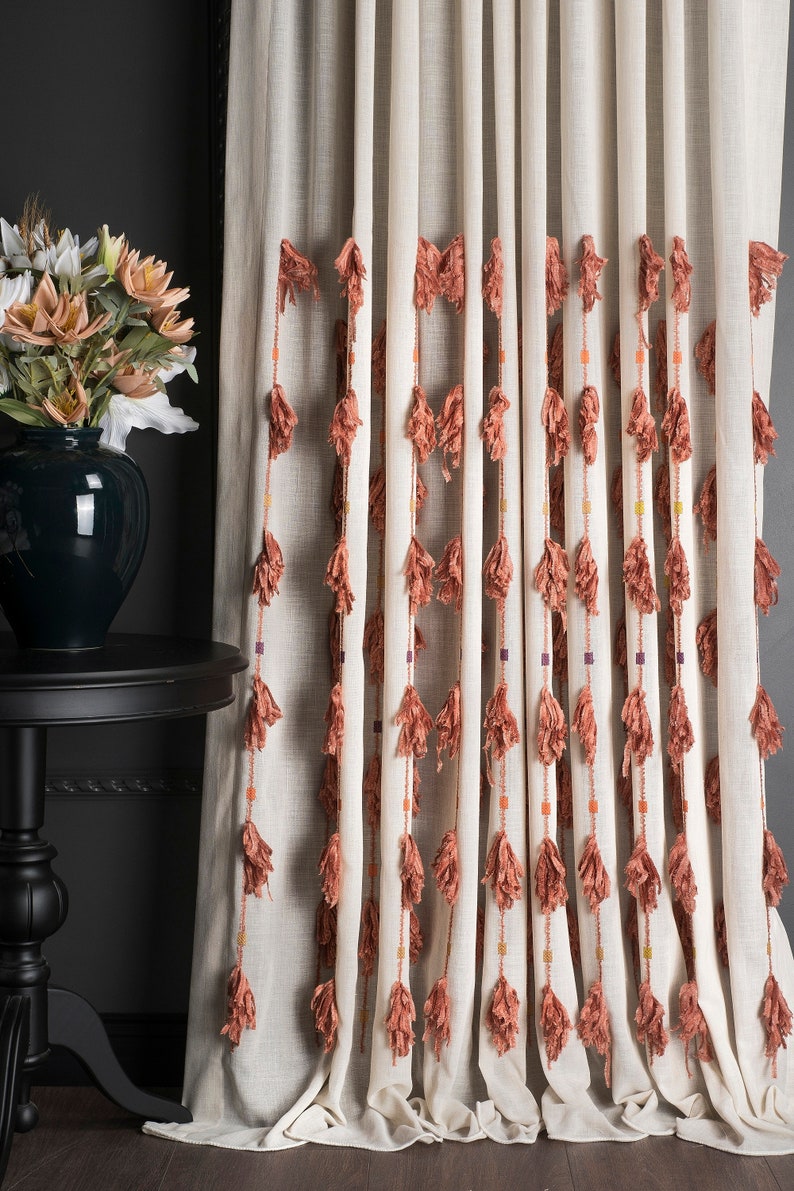 Terracotta White Tasseled Curtains Luxury Curtains Panel Fabric Custom