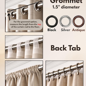 May include: Image showcasing various curtain hanging options. Includes grommet style with 1.5-inch diameter rings in black, silver, and antique finishes. Also features back tab, rod pocket, and clip ring styles. Text reads "HANGER OPTIONS".