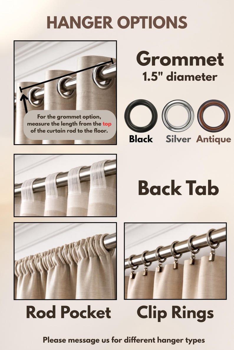 May include: Image showcasing various curtain hanging options. Includes grommet style with 1.5-inch diameter rings in black, silver, and antique finishes. Also features back tab, rod pocket, and clip ring styles. Text reads "HANGER OPTIONS".