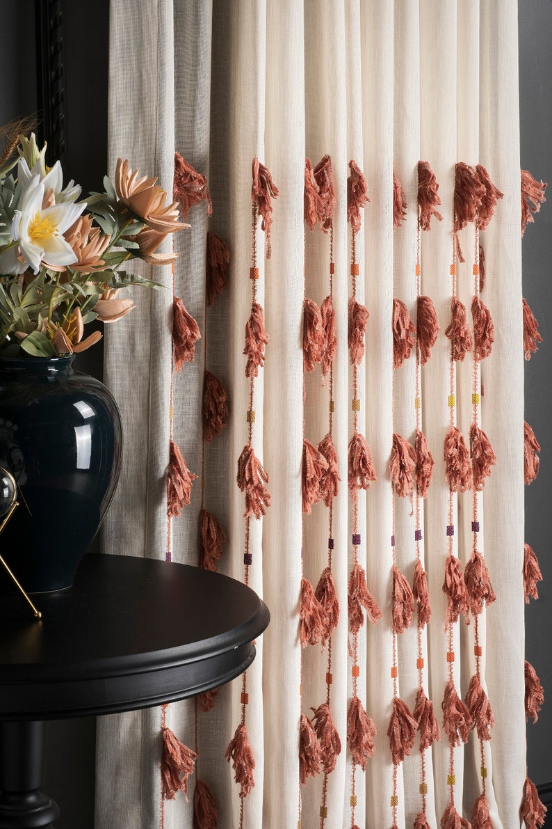 Terracotta White Tasseled Curtains Luxury Curtains Panel Fabric Custom
