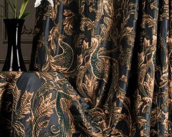 Black Emerald Green Leaf Embroidered Floral Curtains, Luxury Damask Curtains, Vintage  Custom Size Curtain Panels for Living Room & Bedroom