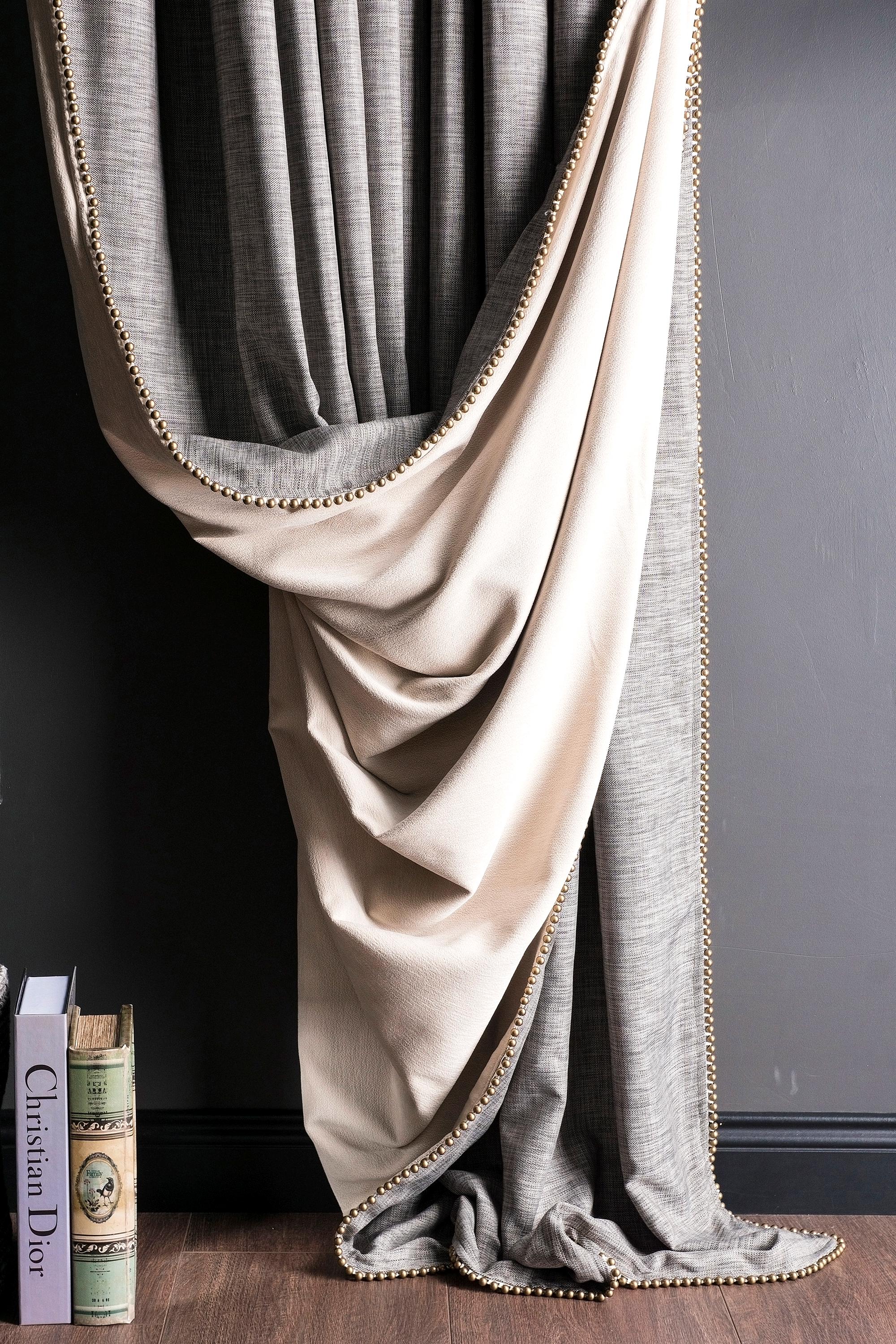 French Style Double-sided Curtains, Reversible Gray Beaded Trim