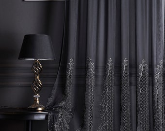 Lace Embroidered Luxury Gothic Curtains, Black White Tulle Whimsigoth Curtains, Sheer Curtains For Living Room & Bedrooms, Halloween Gift