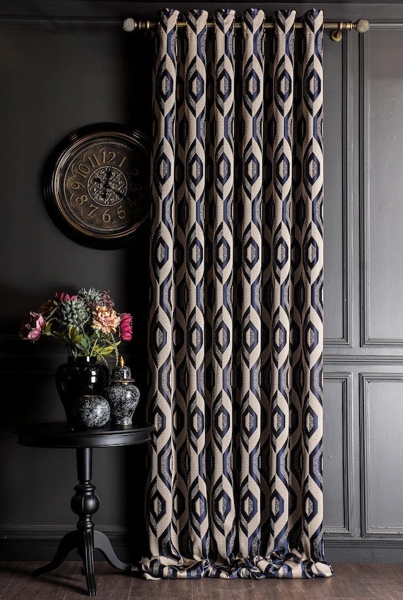Luxury Navy Blue Geometric Curtains for Living Room, Custom Size Textured Curtains Panel, 6 Color Options