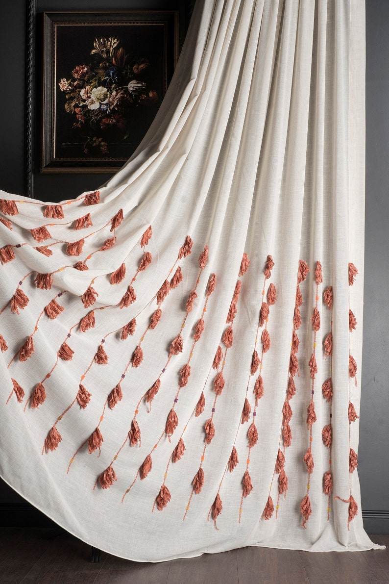 Terracotta White Tasseled Curtains Luxury Curtains Panel Fabric Custom