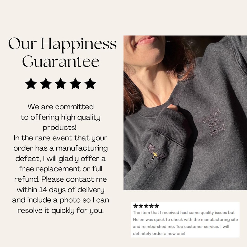Puede incluir: Sudadera gris oscuro con la frase bordada "Violent Little Thing" y un peque&ntilde;o dise&ntilde;o de hoja en la manga. La imagen tambi&eacute;n incluye texto sobre una garant&iacute;a de felicidad y rese&ntilde;as de clientes.