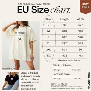 May include: Cream-colored Gildan 64000 unisex t-shirt with an EU size chart. The chart lists sizes S to 3XL, with lengths from 71.1 cm to 83.8 cm and widths from 45.7 cm to 71.1 cm. The shirt is lightweight and has a softness scale from extra rough to extra soft.